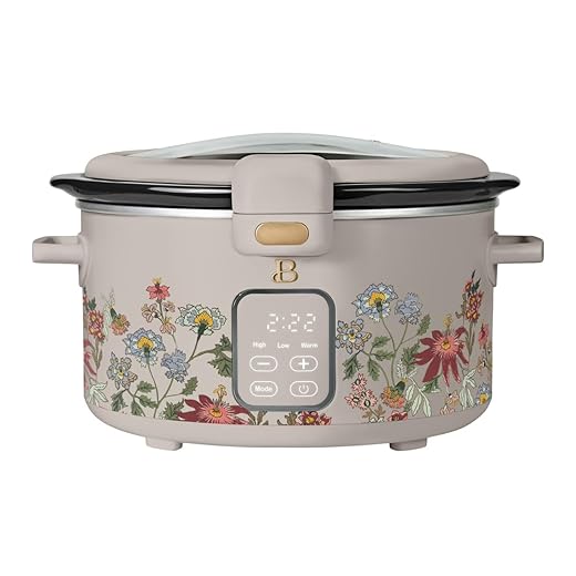 Beautiful 4 Qt Digital Slow Cooker with Hinged Locking Lid, Touch Display, 3 Heat & 4 Timer Settings, Spill-Proof, Dishwasher Safe (Wildflower Porcini)