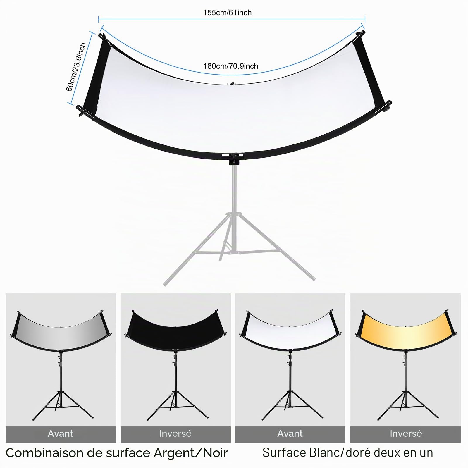 Réflecteur à Lumière Incurvée 4 en 1, Reflecteur Lumiere Photo avec Sac de Transport, Réflecteur Courbé 180 x 60cm pour Studio et Vidéo Photographie, Noir/Blanc/Doré/Argenté(Trépied Non Inclus)