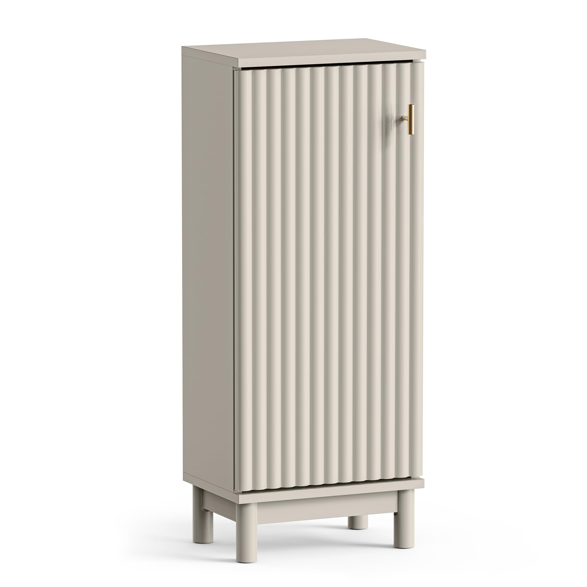 VonHaus Bathroom Storage Cabinet – Stone Slim Bathroom Cupboard with Fluted Textured Door & Gold Handle - Freestanding Floor Cabinet with 3 Internal Shelves - Victoria