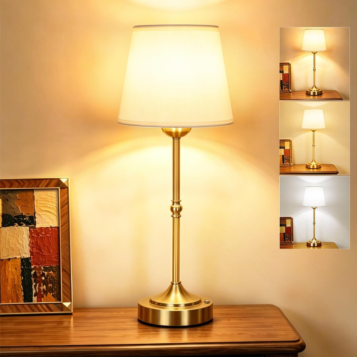 Yunaking Rechargeable Gold Table Lamp: Cordless Lamp with 3 Color Dimmable