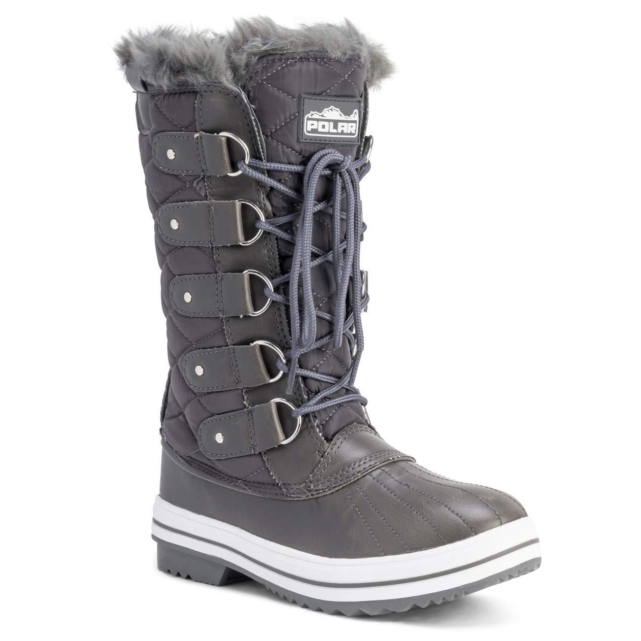 Polar Womens Snow Boot Nylon Tall Winter Snow Waterproof Warm Rain Boot - Grey/Grey - 6 - ZZCD0029