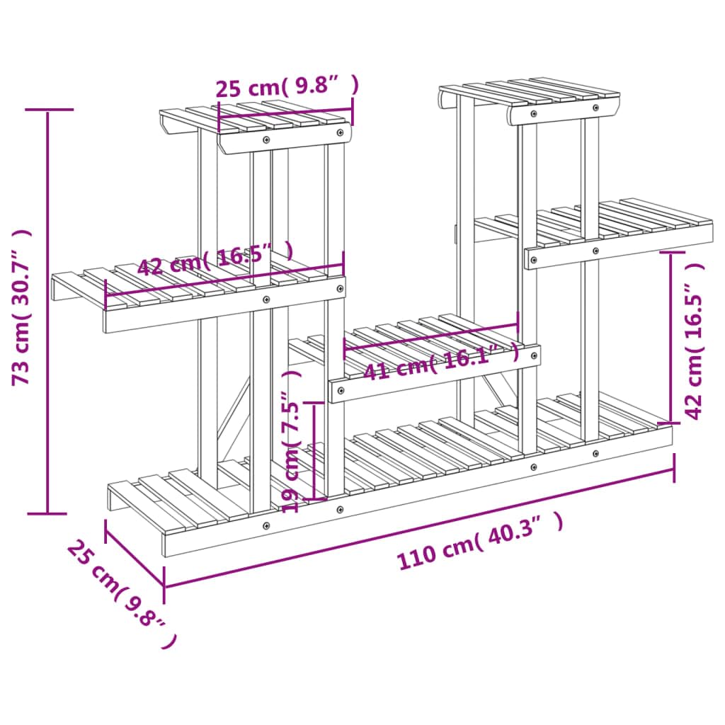 Soporte para flores de madera maciza de abeto, 110 x 25 x 73 cm, estantería para plantas con aspecto carbonizado para salón, balcón, terraza, incluye soporte de pared e instrucciones de