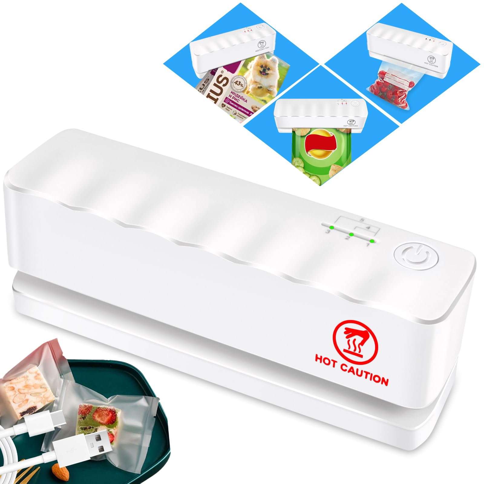 Bag Sealer - Mini Rechargeable Food Sealer Machine,5 Adjustable Gears Chip Bag Resealer,with 3000mAh Battery and 4.7" Heating Strip Seal for Vacuum Sealer Bags, Food Snack Bags Storage (White)