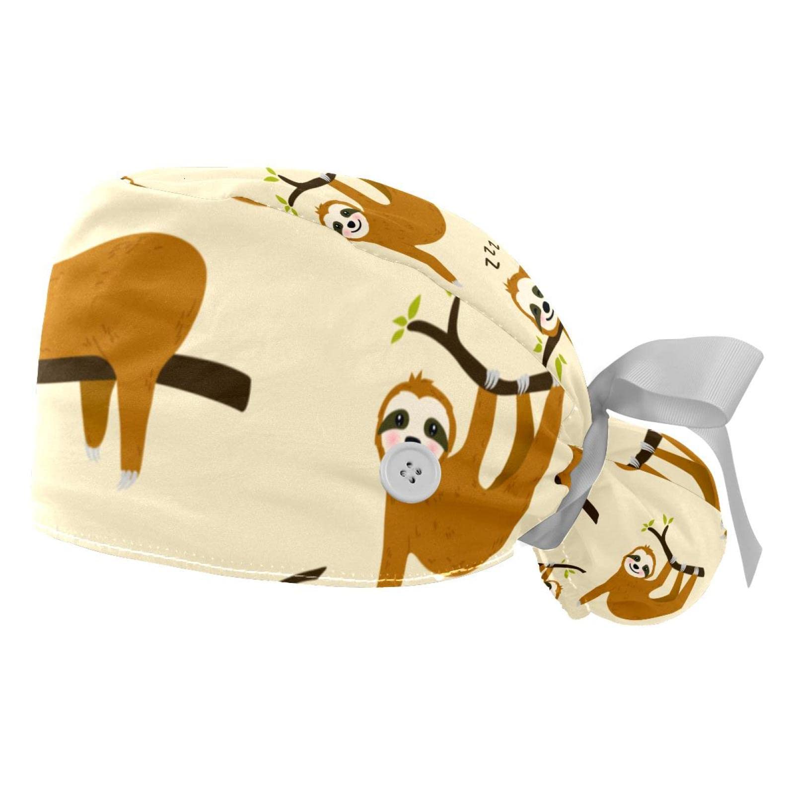 IROLSKDNFH Adjustable Working Caps with Buttons for Women Cute Cartoon Sloth Surgical Nurse Hats 2 Pack