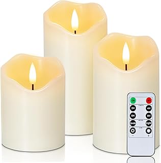 Homemory Flickering Flameless Candles, Realistic LED Candles with Remote and Timer, Real Wax Battery Operated Candles, Set of 3, Ivory