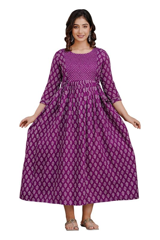 Women's Pure Cotton Printed Maternity Gown/Maternity wear/Feeding Gown A-line Maternity Feeding Dress Maternity Kurti Gown for Women