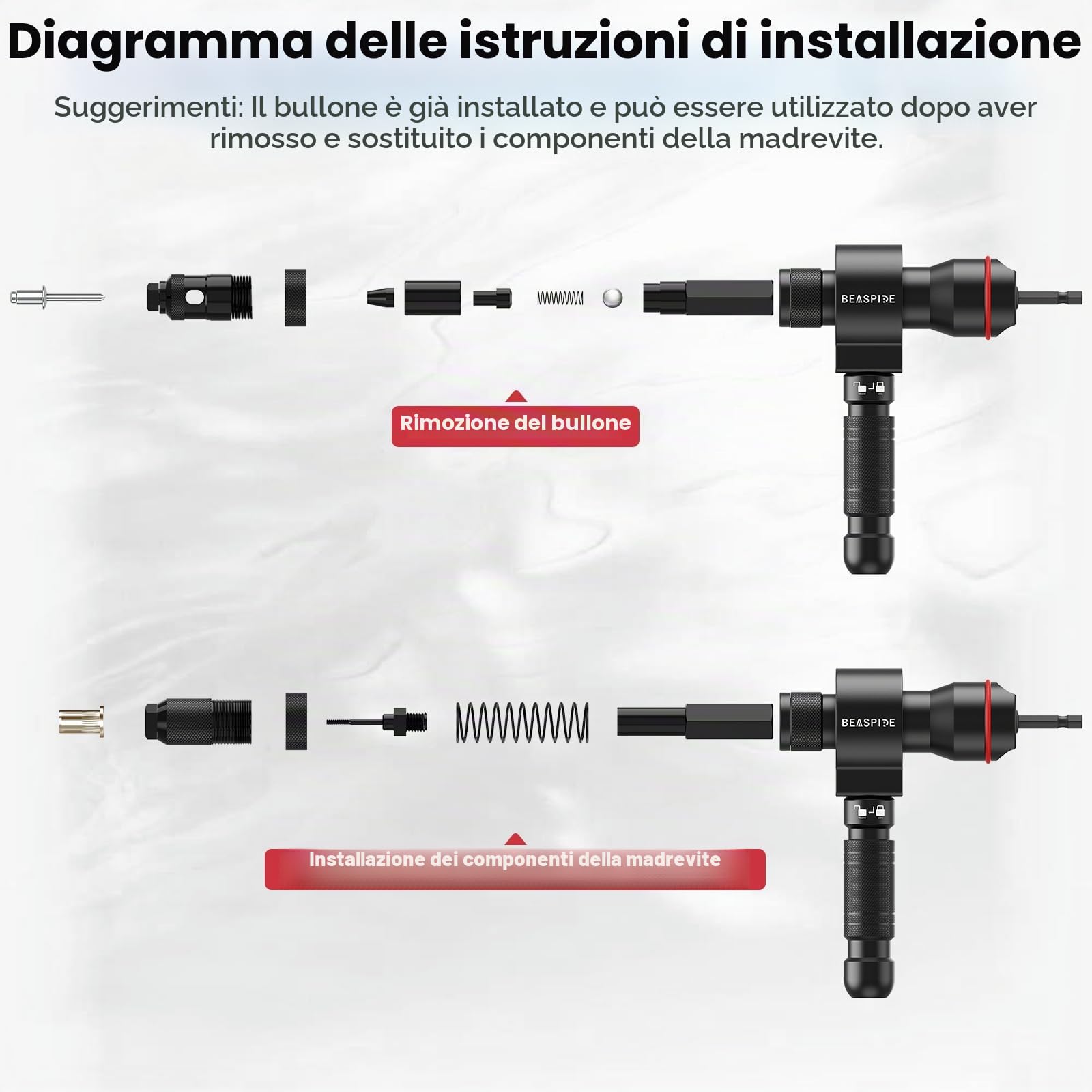 Beaspire Adattatore Rivettatrice per Trapano 2 in 1, per Rivetti Ciechi e Dadi Rivettati, Compatibile con Avvitatore a Batteria, 2,4–6,4 mm, M3–M12