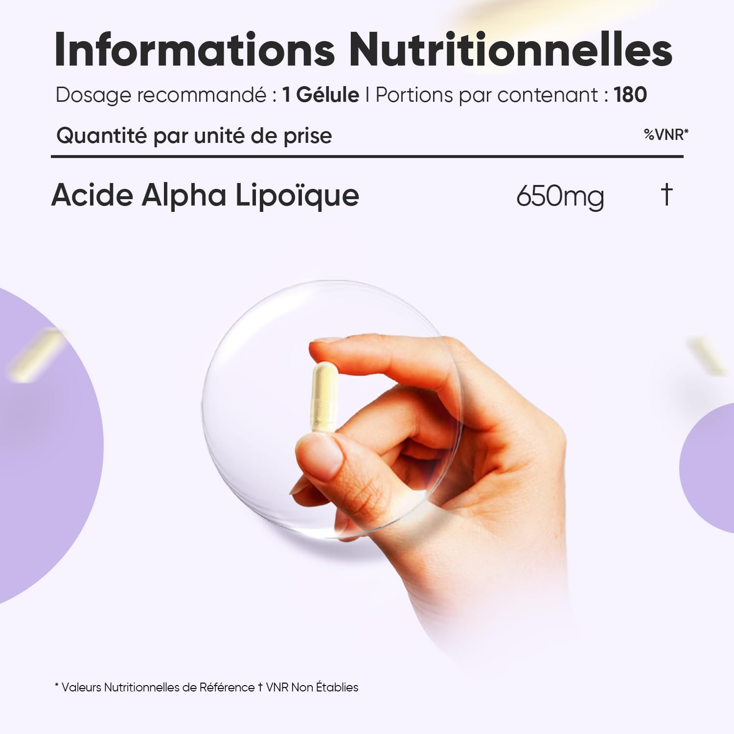 Acide Alpha-Lipoïque Pur ALA 650mg - 180 Gélules Vegan AAL (pour 6 Mois)