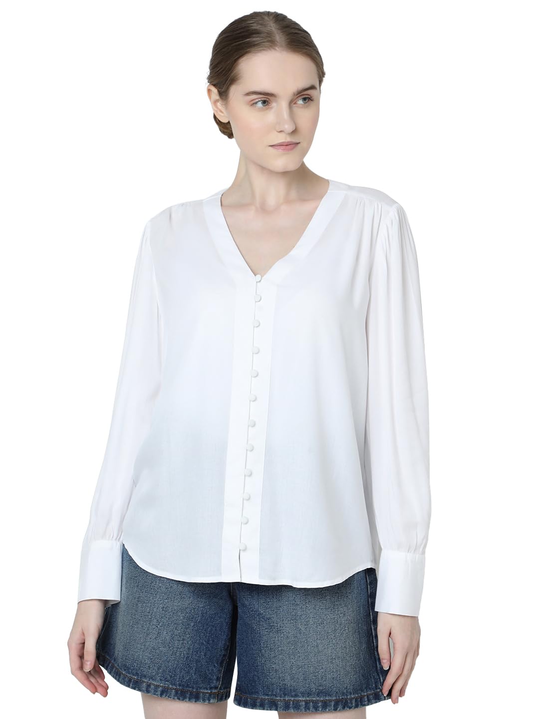 vero moda Women V-Neck Solid White Formal Shirt-picture-12