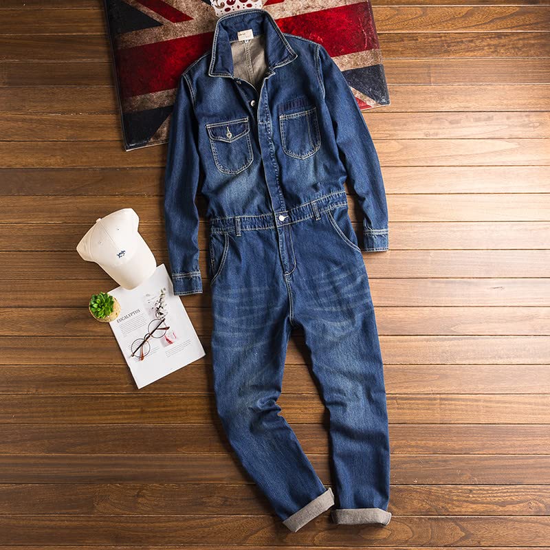 Herren Hip Hop Jeansoverall, Frühling Herbst, Langarm-Polo-Mantel, blaue Jeans, locker sitzende Hosen
