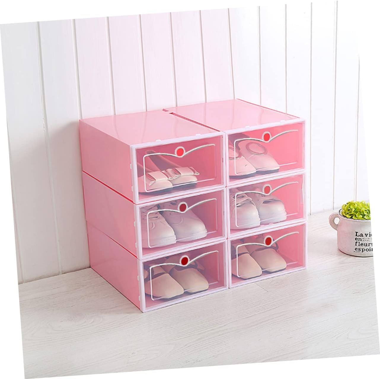 Amosfun 6PCS Transparent Stackable Shoes Storage Boxes for Sneakers Thickened Plastic Shoe Containers with Doors Bins for Closet and Cabinet