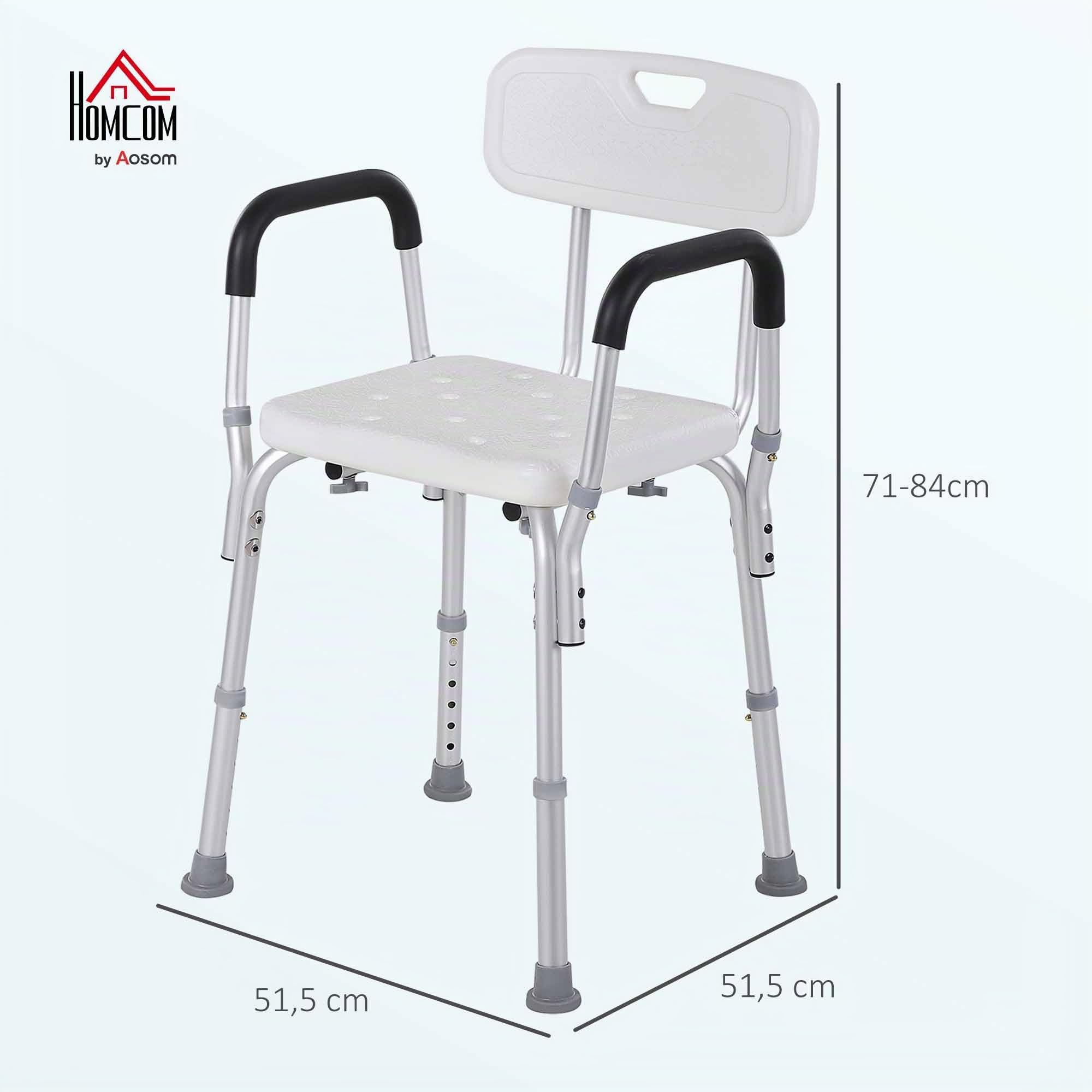 HOMCOM Silla Ducha Personas Mayores Antideslizante con Altura Ajustable | Taburete Ducha, Reposabrazos Regulable, Carga 136 kg, Ancianos Discapacitados, Silla para Baño