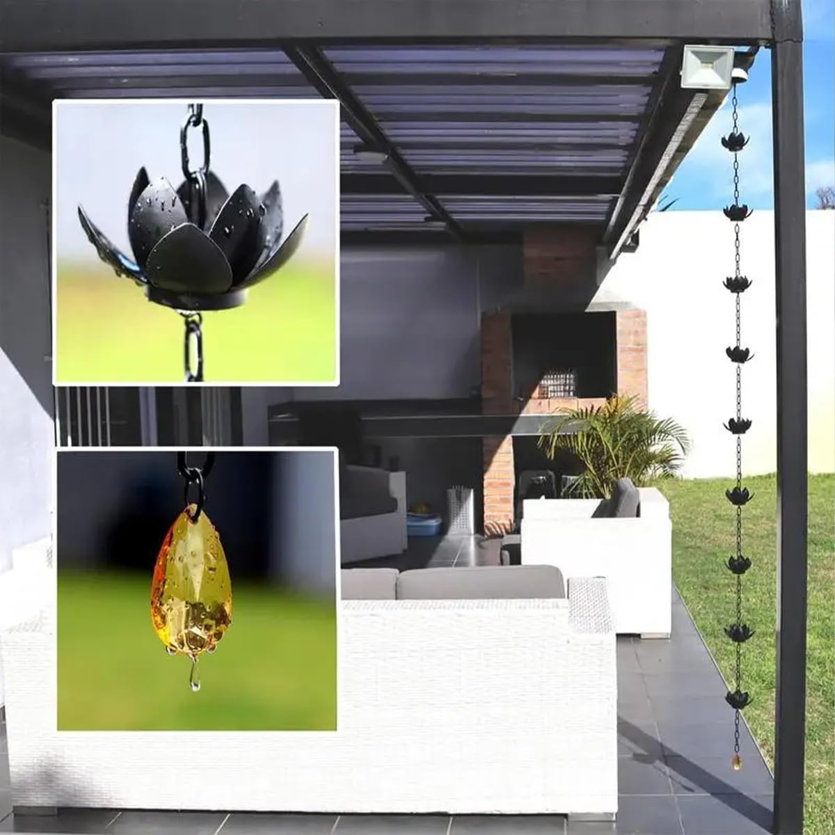 屋外レインチェーン軒ロック東別荘中庭側溝排水ガイドチェーン