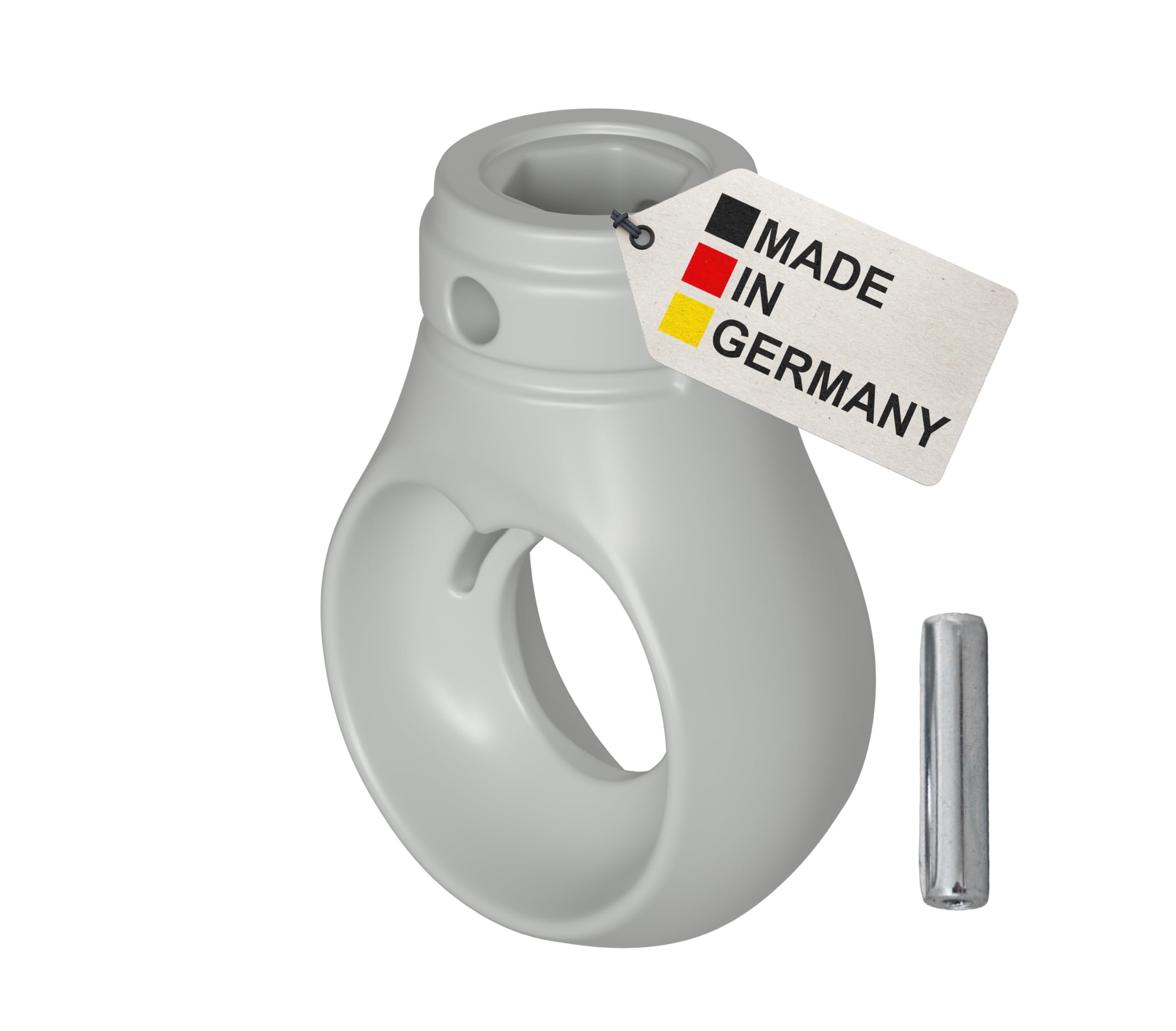 BAUHELD Markisenöse 10mm Kunststoff [Made in Germany] - Halterung für Markisen-Kurbel mit Kugel-Haken- Kurbel-Öse in Lichtgrau - RAL7035 - Mit Spannstift - Stiftbreite 4mm - Höhe 52,5mm