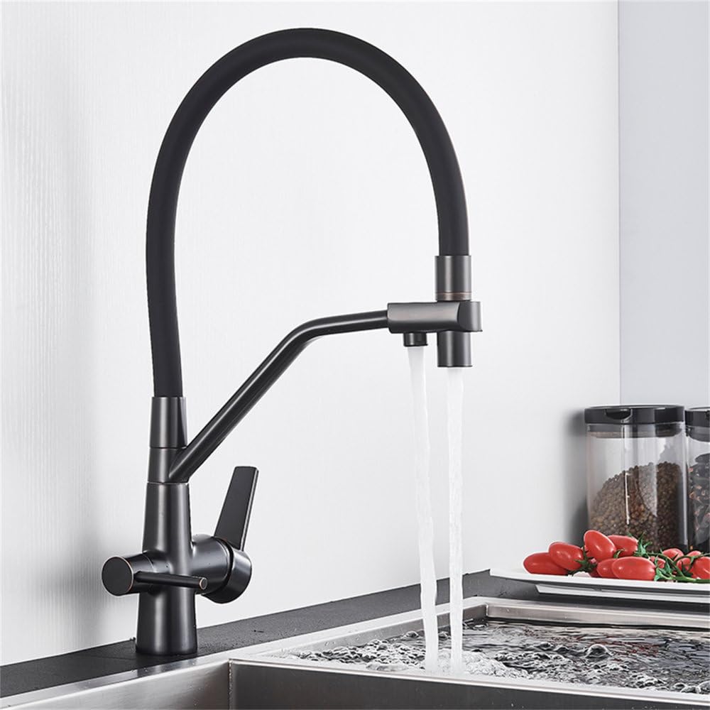 MXXQRHF Kitchen Faucet Pure Water Sink Faucet Double Outlet 360 ° Rotate Faucet with Filtered Water Hot Cold Water Drinking Water Mixer,Black