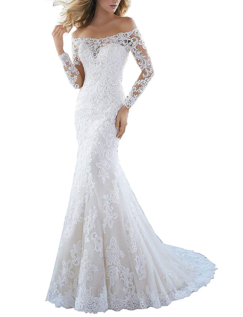 Abiti da Sera off Shoulder Manica Lunga Bridal Fashion Fishtail off Shoulder, Bianco, 56