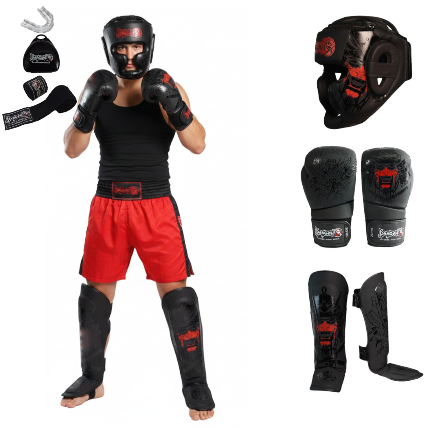 Dragon Do Yakuza Profi Boxset 5-teilig Boxhandschuhe 30128-P, Schienbeinschützer 40724-P Kopfschutz 11747-P 3,5m Bandagen, Zahnschutz Premium MMA, Muay Thai, Kickboxen Ausrüstung Set