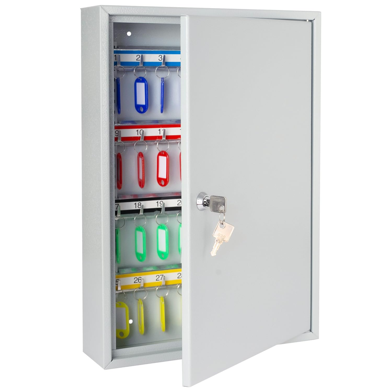 HMF Armadietto portachiavi in acciaio, Cassetta portachiavi con serratura per ufficio, amministrazione o parco veicoli | 64 ganci portachiavi | 45 x 30 x 8 cm | Grigio chiaro