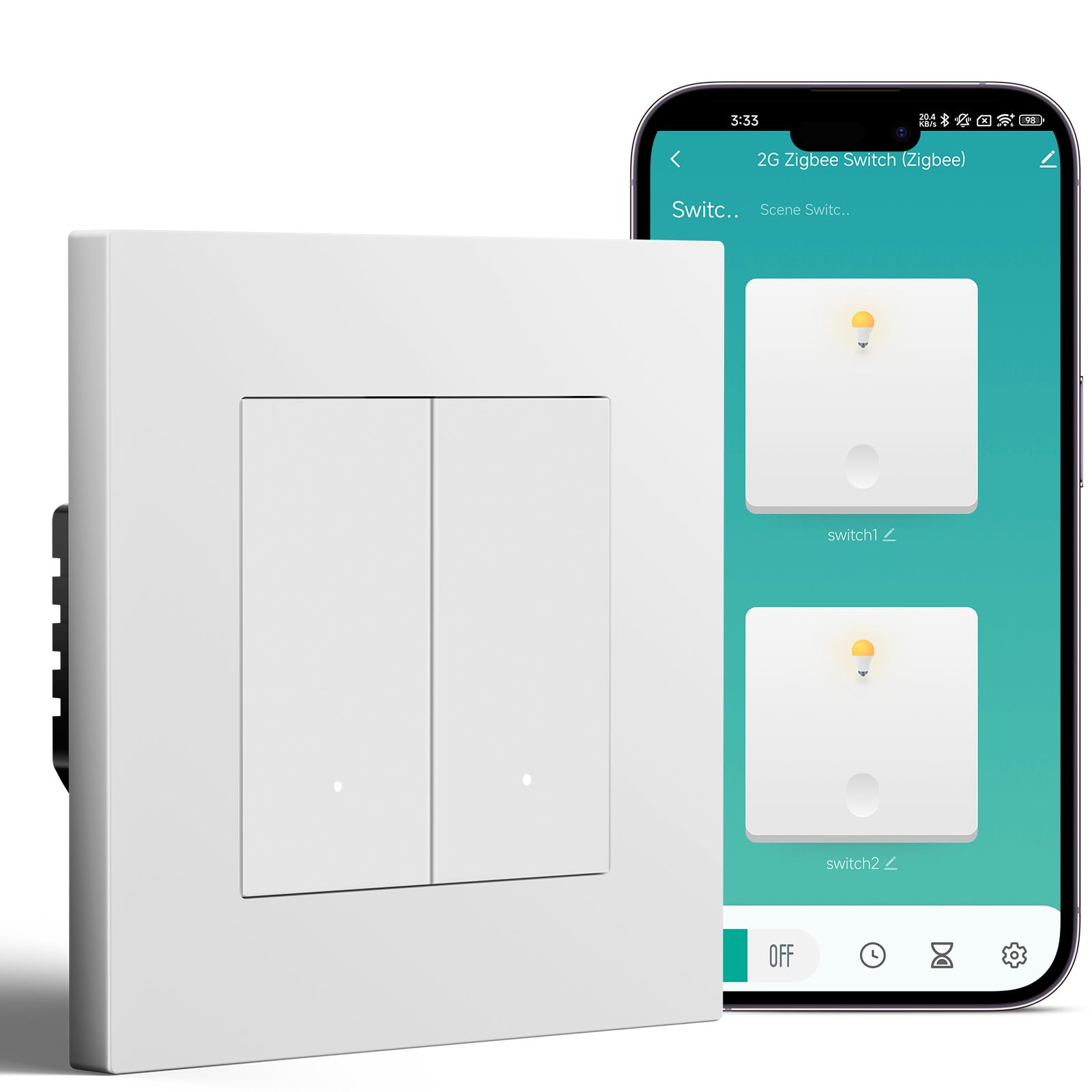 BSEED Smart Zigbee Interruptor 2 Gang 1 Vía Compatible con Alexa y Google Home,Smart Interruptor Marco de PC con Función de Temporizador(Requiere Gateway Hub y Cable Neutro),Blanco