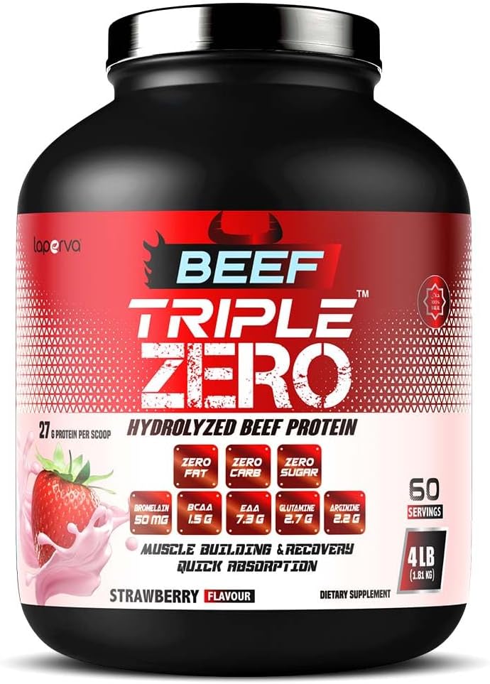 Laperva Beef Triple Zero Hydrolyzed Protein Powder - ZERO FAT, CARB & SUGAR - 86% Protein - With BCAA & Glutamine - Muscle Growth Recovery & Digestive Support (4 LB, Strawberry)