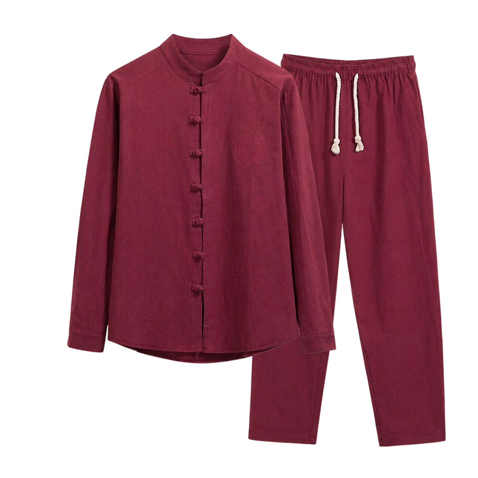 Set di 2 pezzi da uomo vintage in cotone plissettato con bottoni a rana | Ricamo sul petto, maniche lunghe, coulisse in vita, abbigliamento quotidiano primavera/autunno