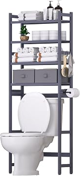 Cozivolife Over The Toilet Storage 4-Tier Rack with 2 Baskets Grey | Bamboo Organizer with Paper Holder, 4 Hooks & Waterproof Feet Pad - Adjustable Freestanding Shelf for Bathroom
