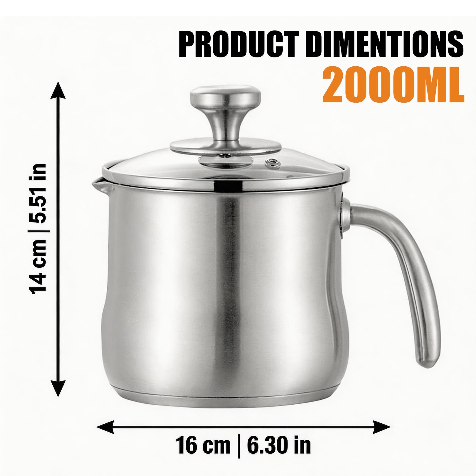 2L Pentola per latte in acciaio inossidabile con coperchio in vetro e beccuccio, pentola a induzione con manico, pentola per cottura a bagnomaria e pudding, pentola per scongelare adatta per gas