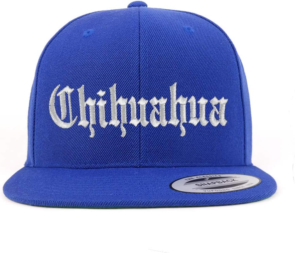 Trendy Apparel Shop Old English Chihuahua White Embroidered Flatbill Snapback Baseball Cap