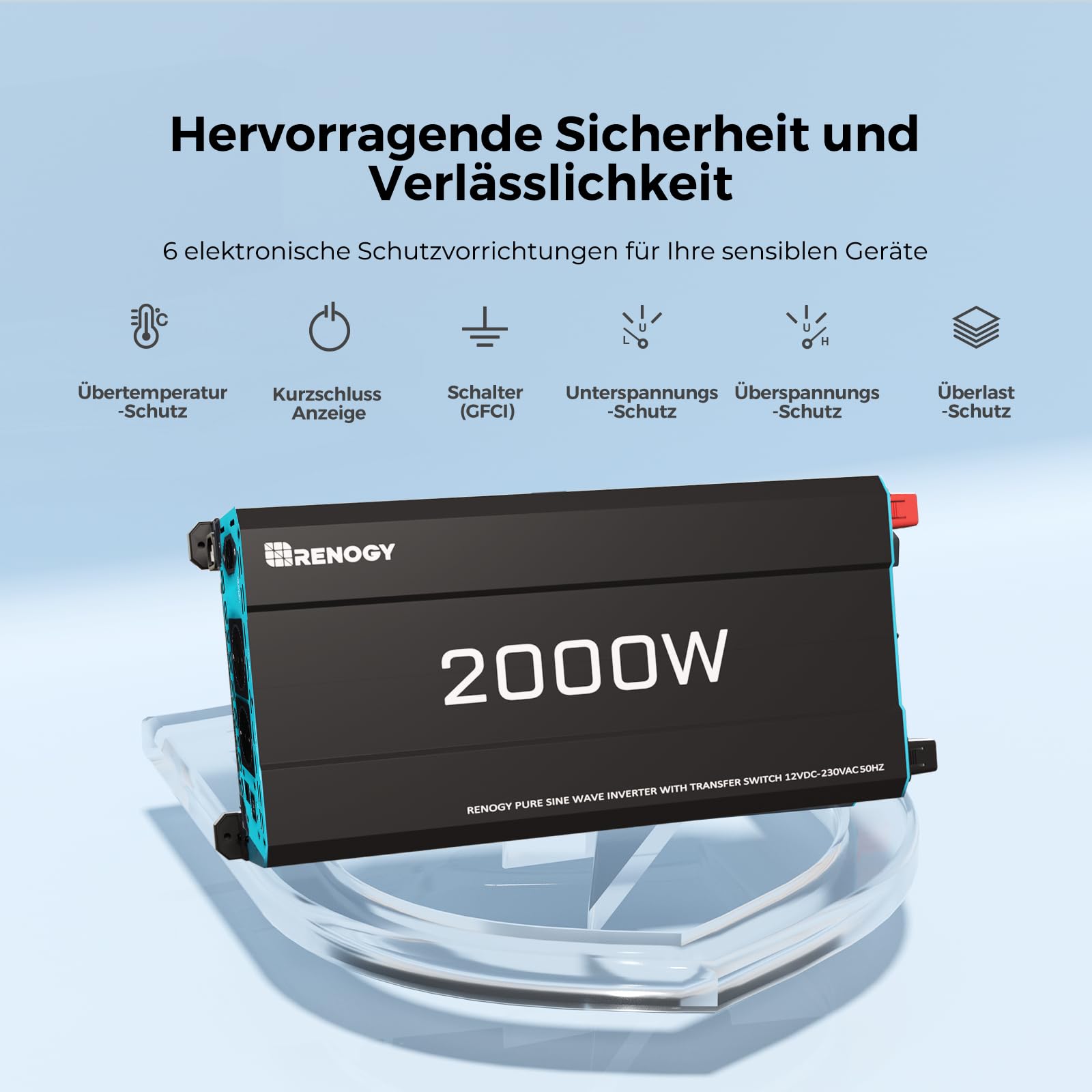 Renogy 2000W/4000W 12V auf 230V Reiner Sinus Wechselrichter mit Netzvorrangschaltung Spannungswandler mit 2 Europäische Steckdose für Haushaltsgeräten