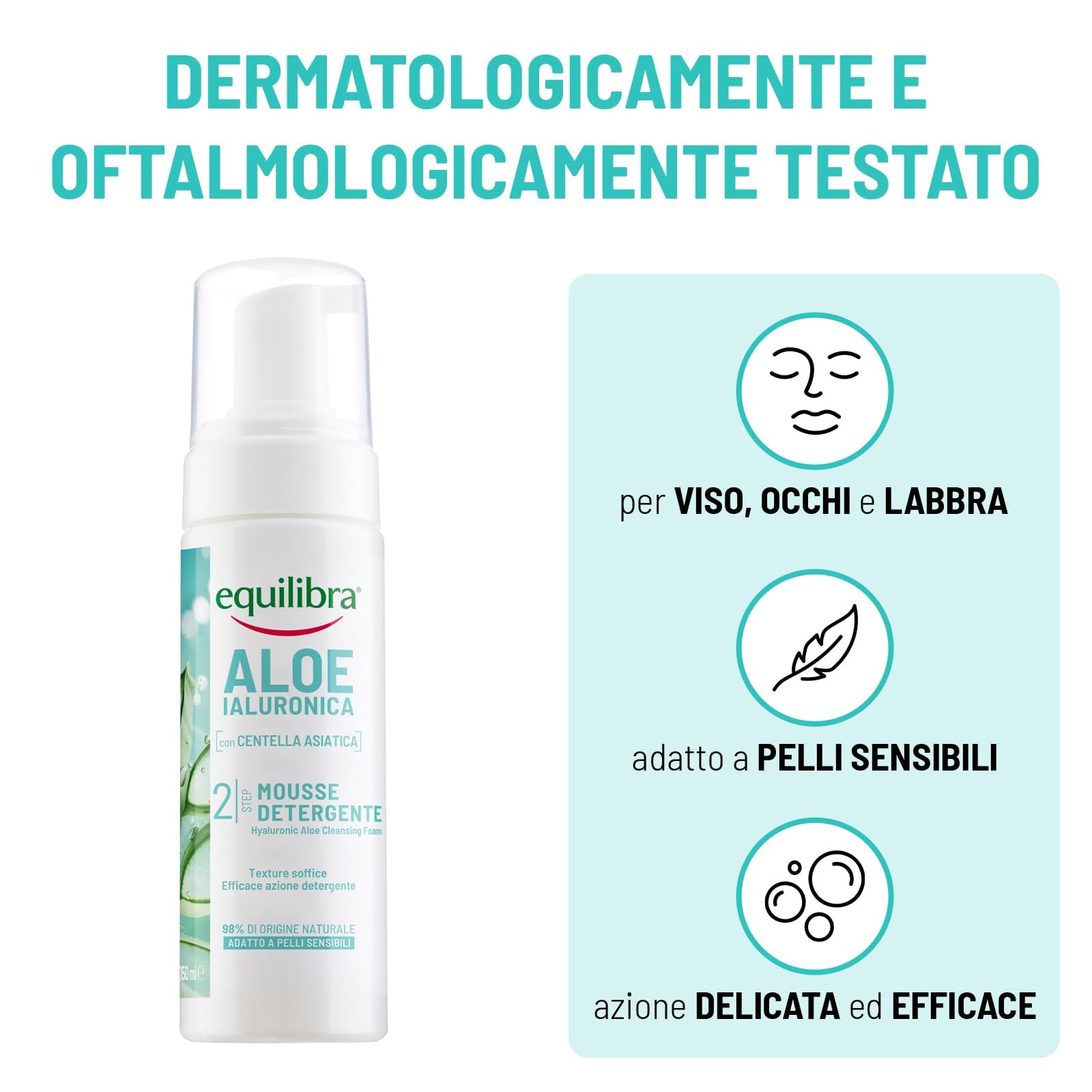 Equilibra, Aloe Ialuronica Mousse Detergente Viso, con Succo di Aloe, Acido Ialuronico ai 3 Pesi Molecolari e Centella Asiatica, Doppia Detersione, per Pelli Sensibili, Clinicamente Testata, 150ml