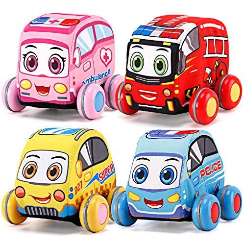 Liberty Imports Pull-Back Plush Car Set - Soft Baby Toddler Toy Play Set of 4 City Vehicles (Police, Fire Truck, Ambulance, Taxi)