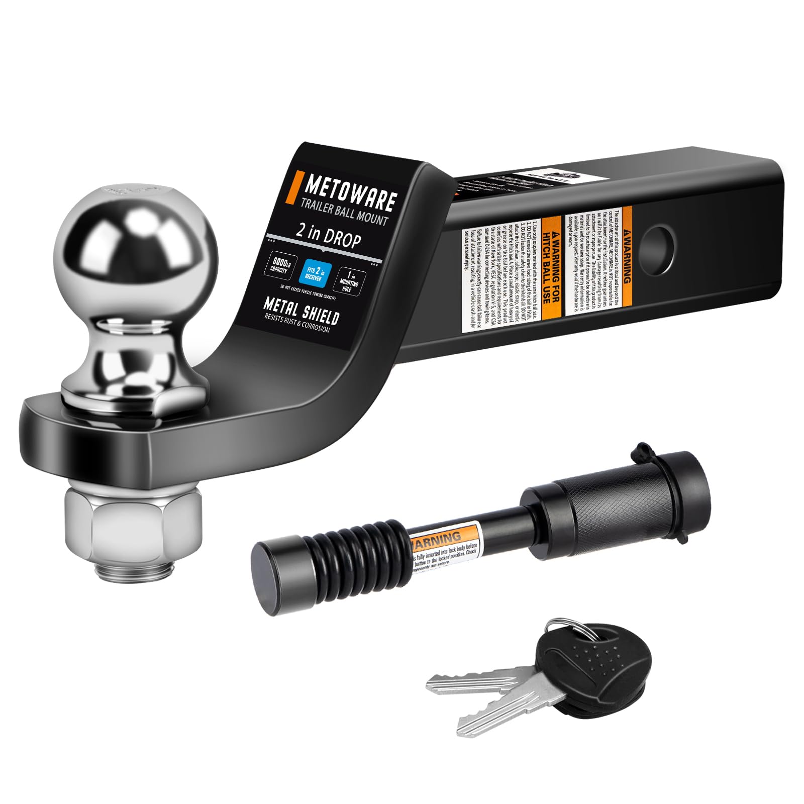 METOWARE Trailer Hitch Ball Mount with 2 in Ball, Fits 2 Inch Receiver, 6000lbs Capacity Ball Hitch, 2-Inch Drop, Hollow Shank with 5/8" Hitch Lock, Black
