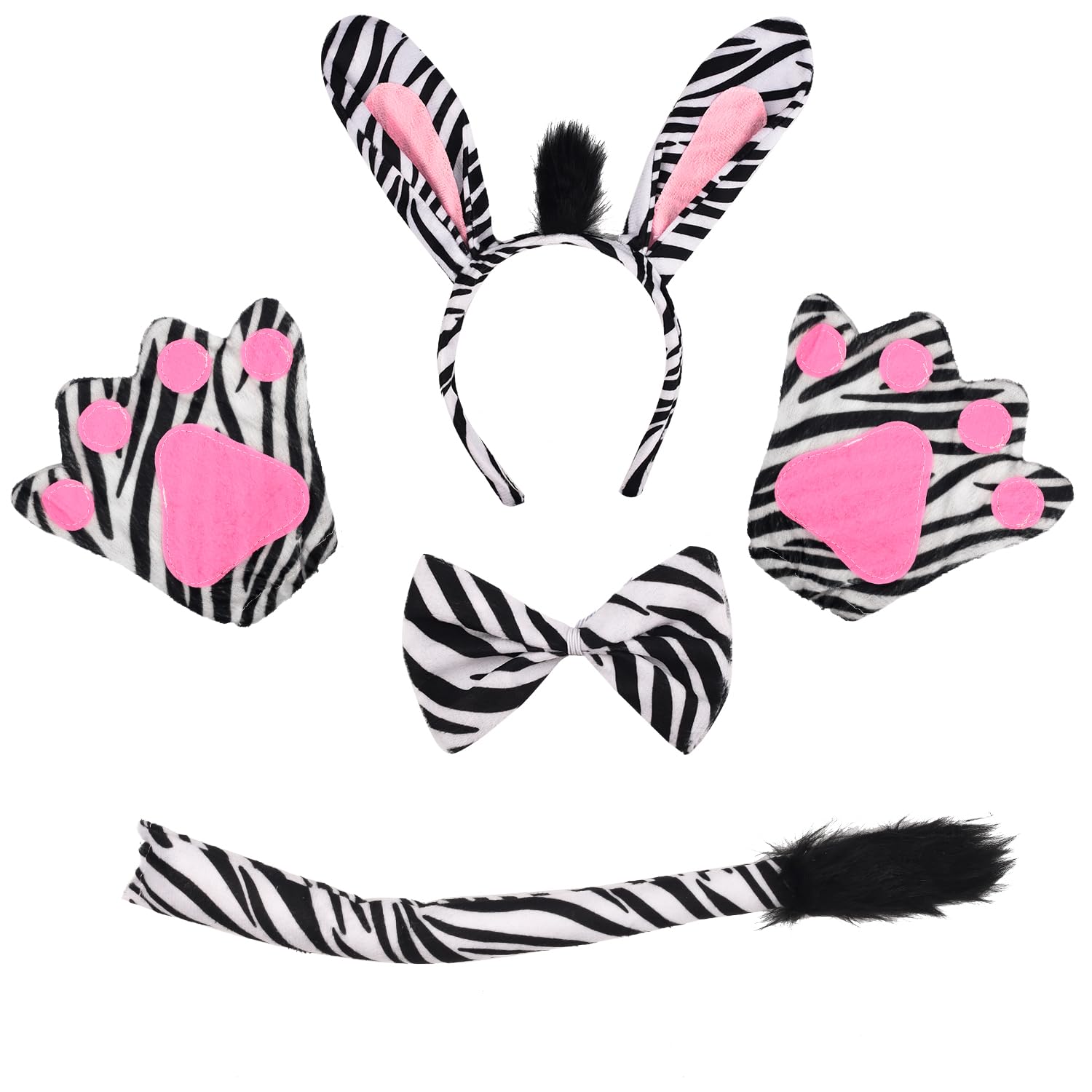 NAUZE 4 Pieces Zebra Costume Set Animal Ear Costume Set Ear Headband Bow Tail Gloves Costumes Accessories Kit for Halloween Carnival Party Dress Up