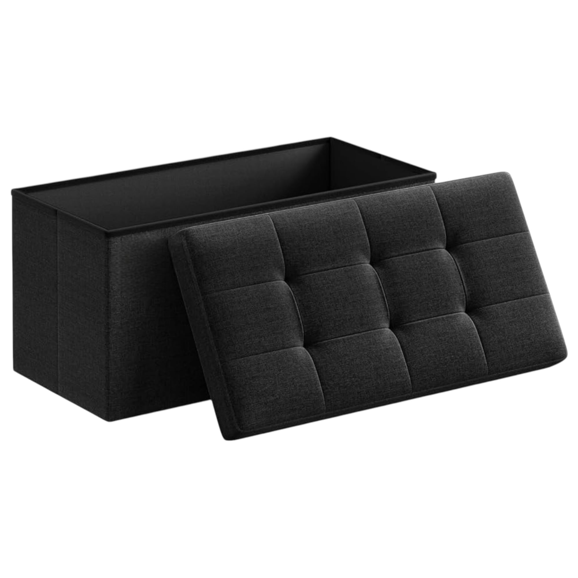Puff Almacenaje Plegable Mikomika, Baúl de Almacenaje Multifuncional, Taburete Reposapiés, Banco de Cubo Soporta hasta 300 kg, para Sala de Estar, Dormitorio y Entrada - 76 x 38 x 38 cm (Negro)