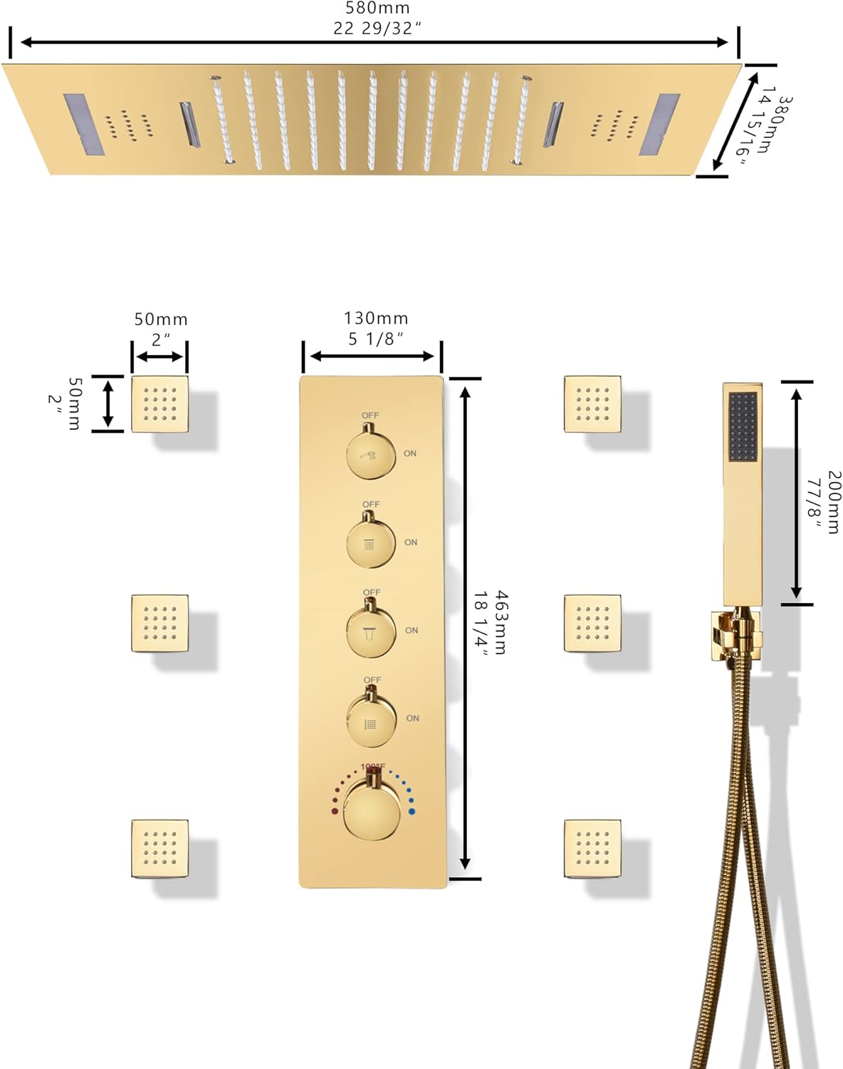 Cascada Luxury 15” x 23” LED Music shower system with built-in Bluetooth Speakers, 4 function (Rainfall, Waterfall, Body jet & Handshower) & Remote Control 64 Color Lights (Antique Brass)