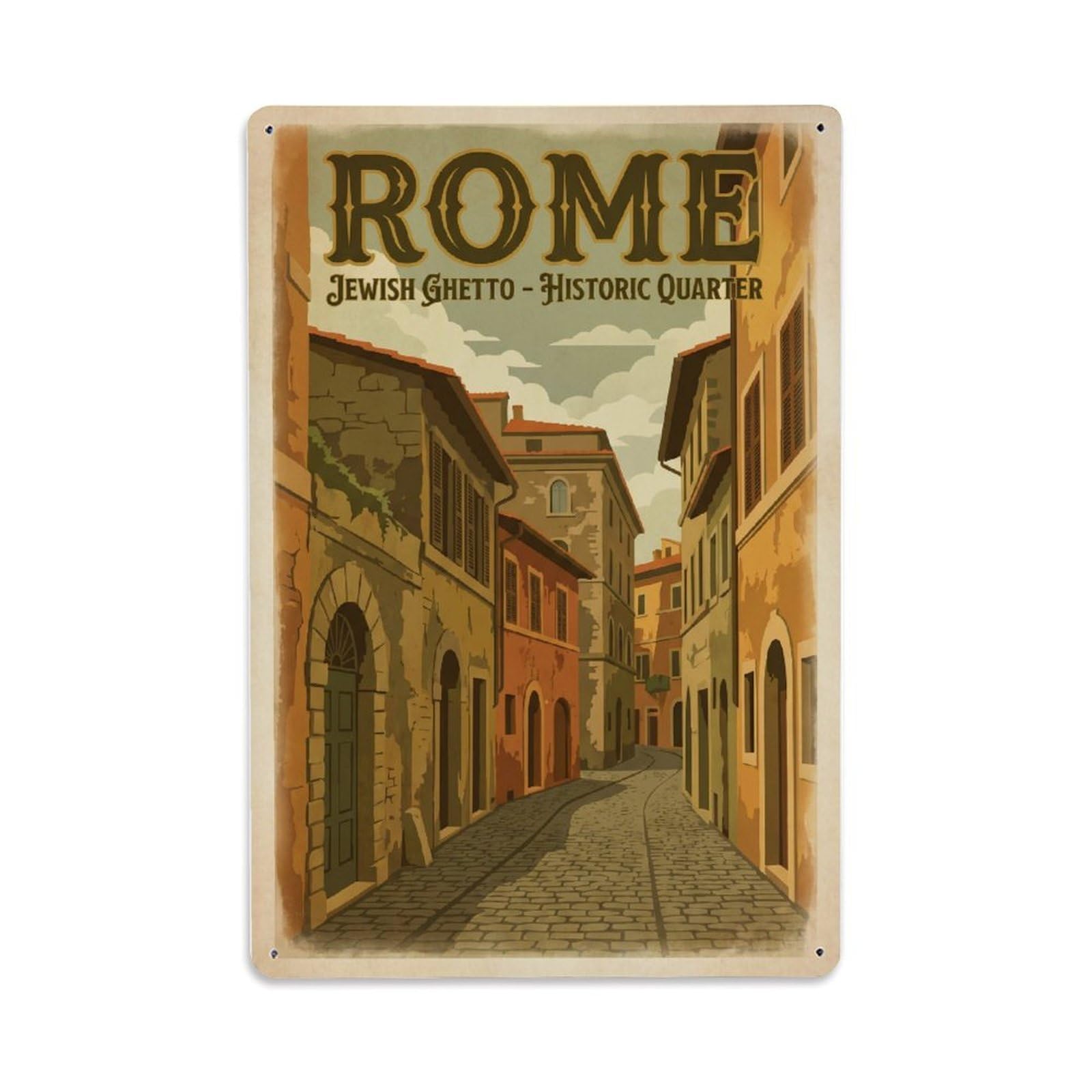 Vintage Travel Rome Jewish Ghetto Historic Quarter Streets Italy Metal Tin Sign Plaque Wall Decor for Cafe, Club Bar, Office, Home Garden Metal Poster 8x12Inch