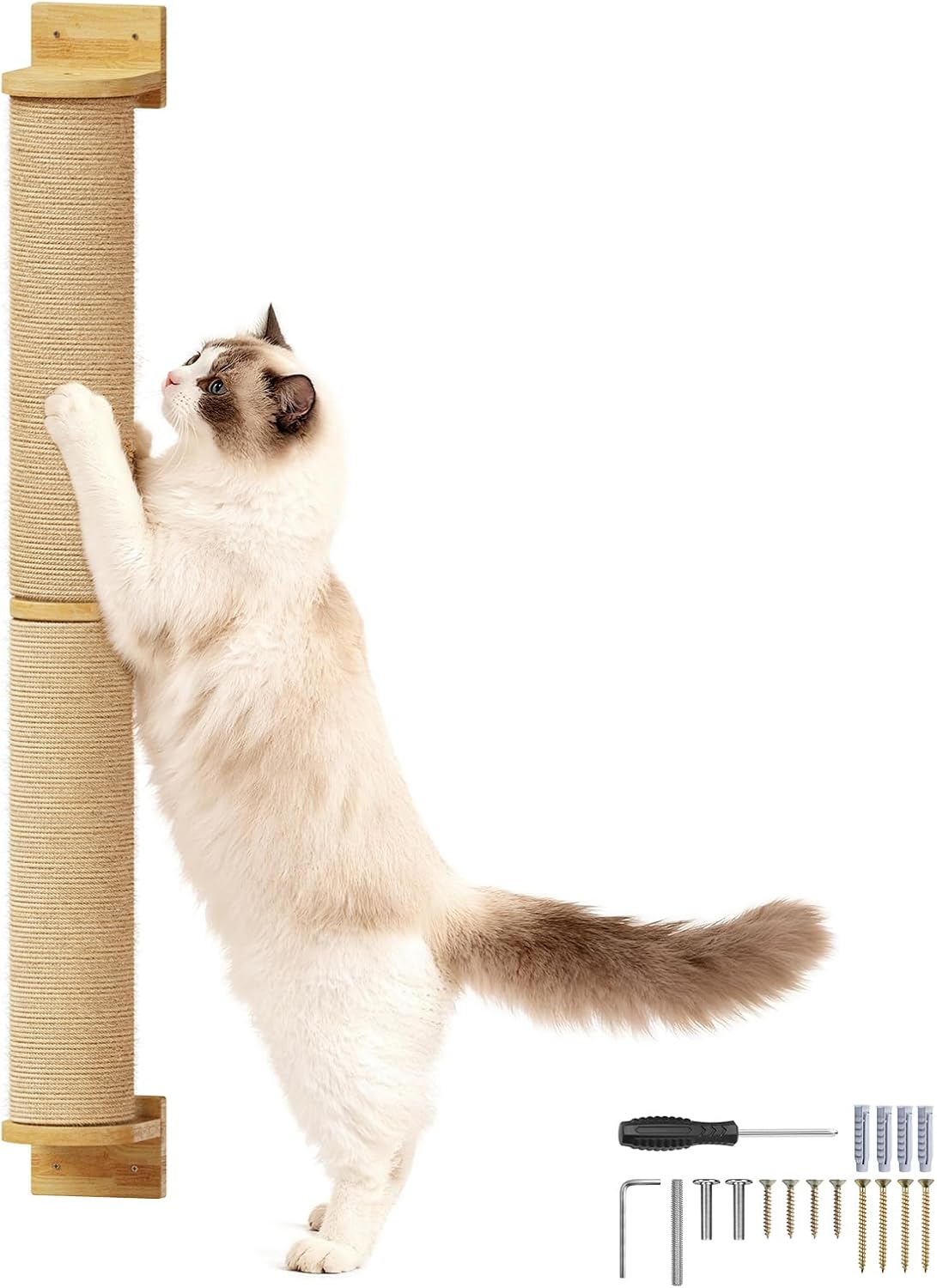 Cat Wall Scratcher Post- 35" Thicker Columns Wall Mounted Rubber Wood Sisal Scratching Post Furniture for Large Cats and Kittens