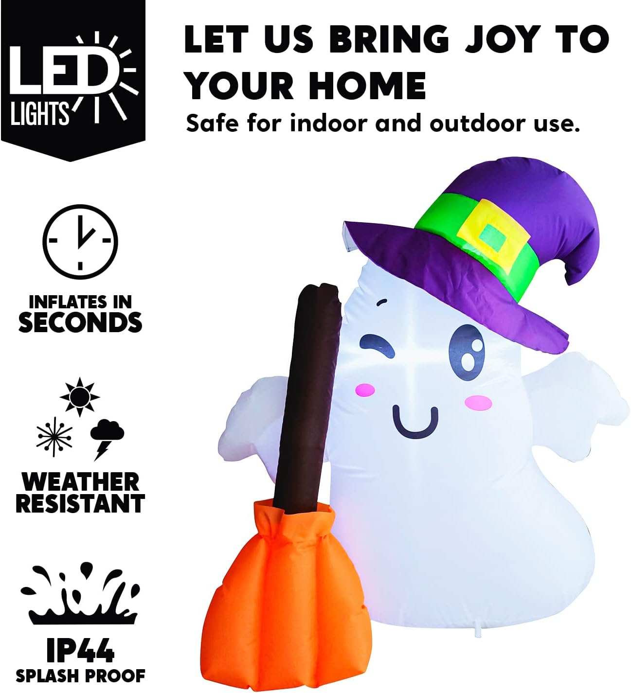 Joiedomi 3.5 FT Tall Halloween Inflatable Cute Wizard Ghost with Build-in LEDs, Blow Up Inflatables Ghost with Broom for Halloween Party Indoor, Outdoor, Yard, Garden, Lawn Decorations