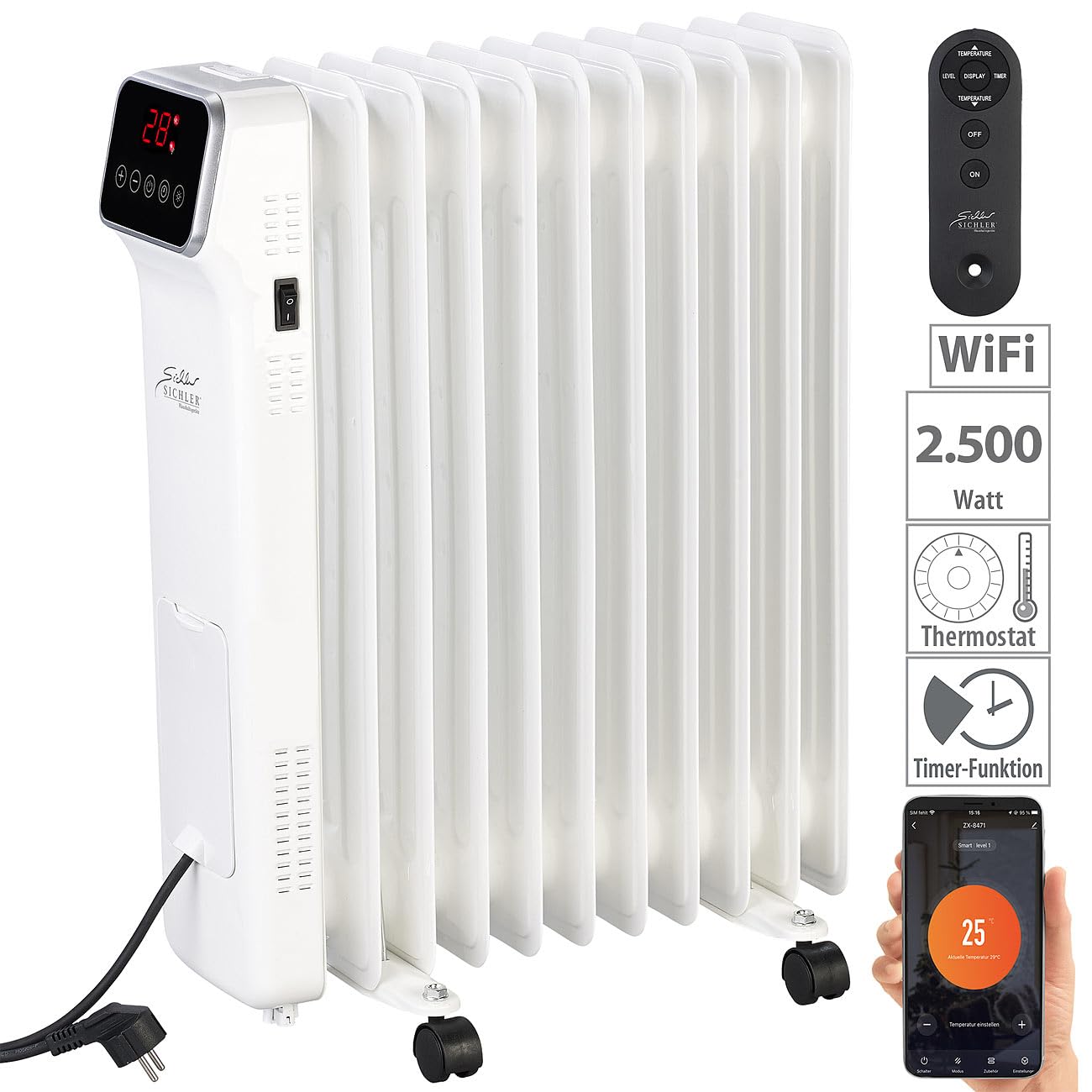 Sichler Haushaltsgeräte Radiatore a olio WiFi con app e telecomando, 11 elementi, 2500 W