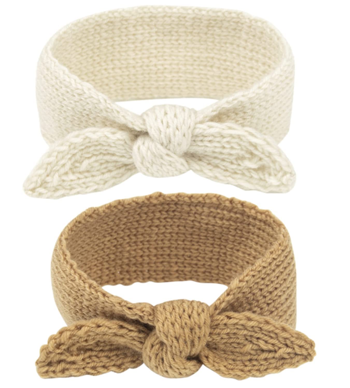 El Regalo 2 PCs Turban Wool Headband - Warm Rabbit Knot Hair Band, Knit Head Wrap for Baby Girls Newborns and Toddlers (Beige & White)