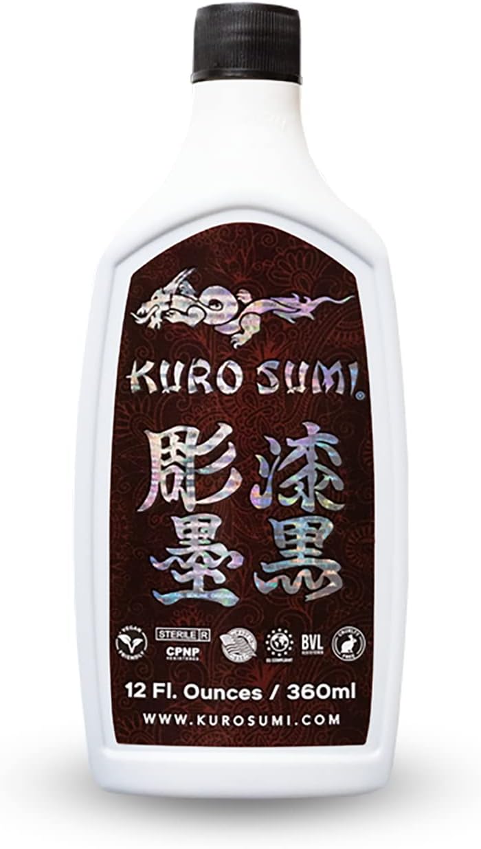 Kuro Sumi - Black Outlining Tattoo Ink - Professional Tattoo Ink & Tattoo Supplies for Outlining & Shading - Skin-Safe Permanent Tattooing - Vegan (12 oz)