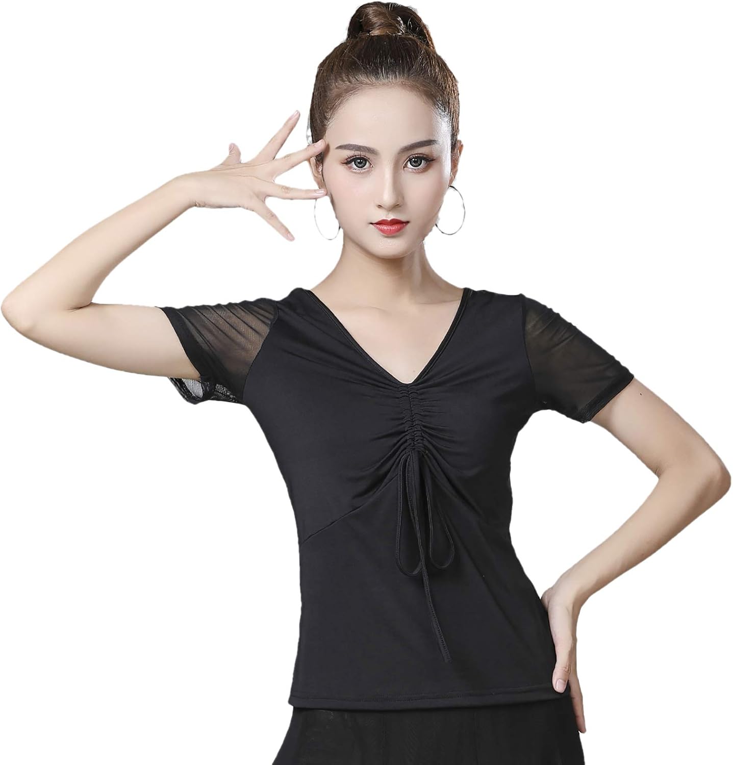 Whitewed Sheer Short Sleeve Drawstring Latin Modern Ballroom Dance Practice Perfonmance Tops Shirts
