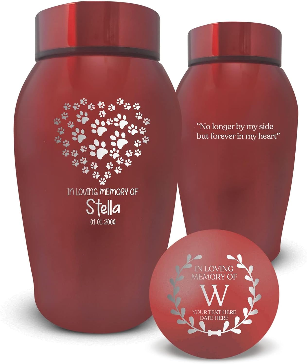 Custom Engraved Dog Urn with Name and Date - Stainless Steel Cremation urns for Pets Ashes with Airtight Closure, Paw Print Heart | RED
