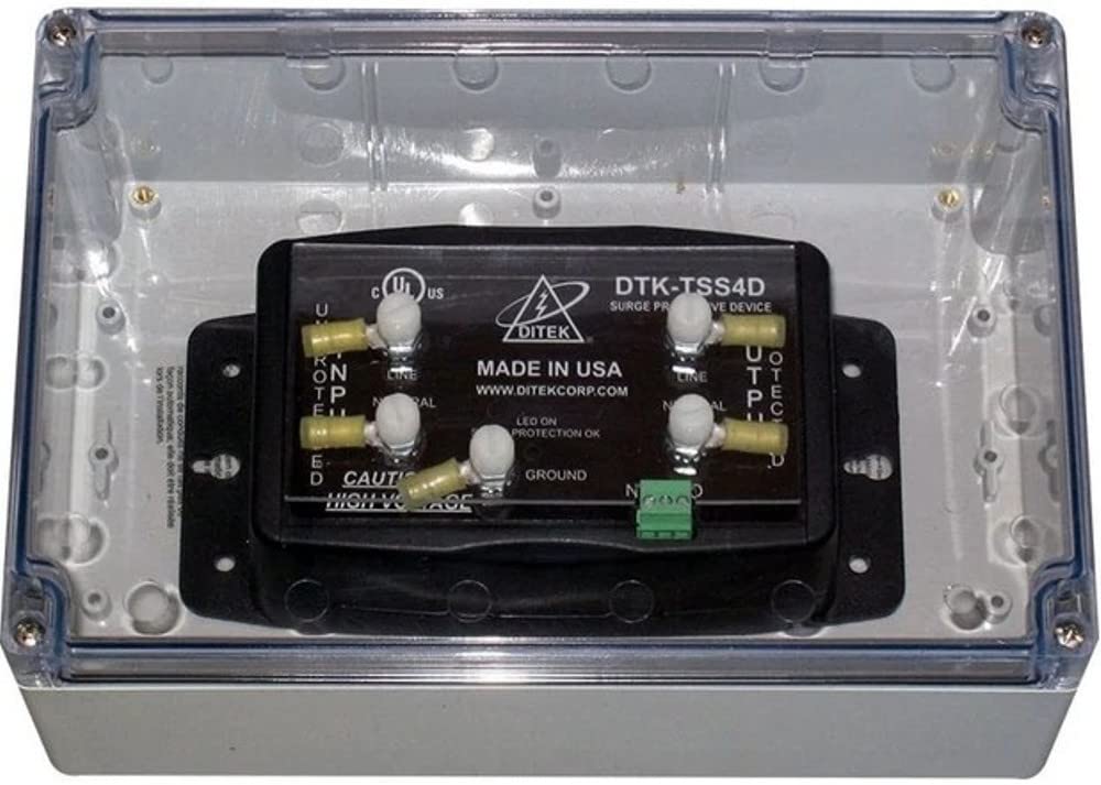 DITEK DTK-TSS4D 120 VAC SINGLE, 20 AMPS MAX CONTINUOUS CURRENT, 50000 AMPS SURGE CURRENT RATING, 50-60 HZ, 54 KA SERIES, DIAGNOSTIC LED, ENCLOSURE W/DRY CONTACTS (FORM C), HARDWIRED CONNECTION, NEMA 4