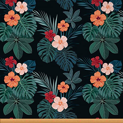 Tropical Floral Upholstery Fabric by The Yard,Exotic Palm Leaves Reupholstery Fabric for Chairs,Hibiscus Flowers Room Fabric for Outdoor and DIY Projects,1 Yard,(L92*W150cm) Dark Green