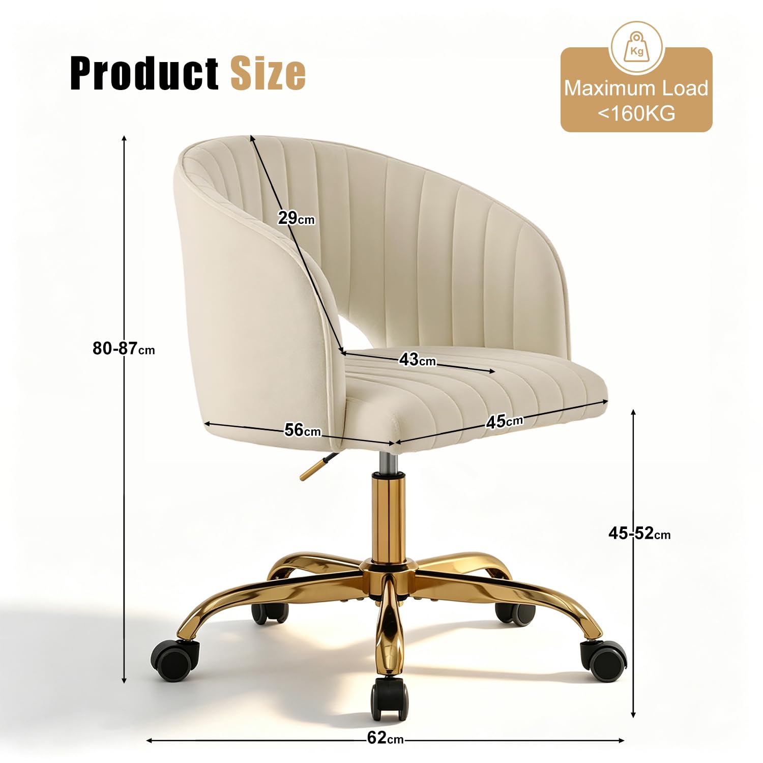 Sedia da Scrivania Imbottita e Girevole - Poltrona da Ufficio Comoda con Schienale in Velluto - Sedia Moderna per Trucco con Ruote - Oro e Bianco