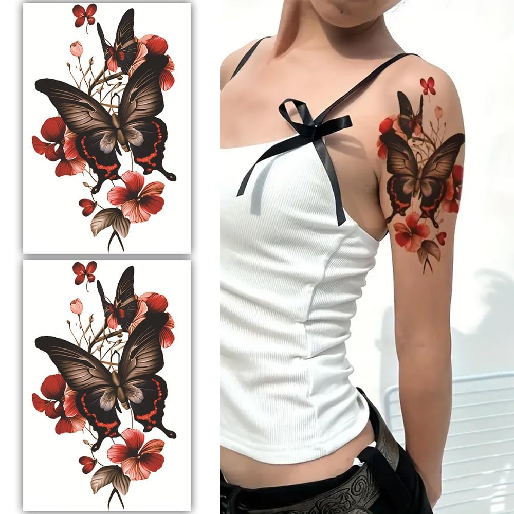 S.A.V.I 2 Sheets Large Temporary Tattoo for Women - Black Butterfly & Red Floral Design (19x12cm) | Waterproof, Long-Lasting Body Art for Shoulder, Arm & Back | Easy Application & Removal-image-36