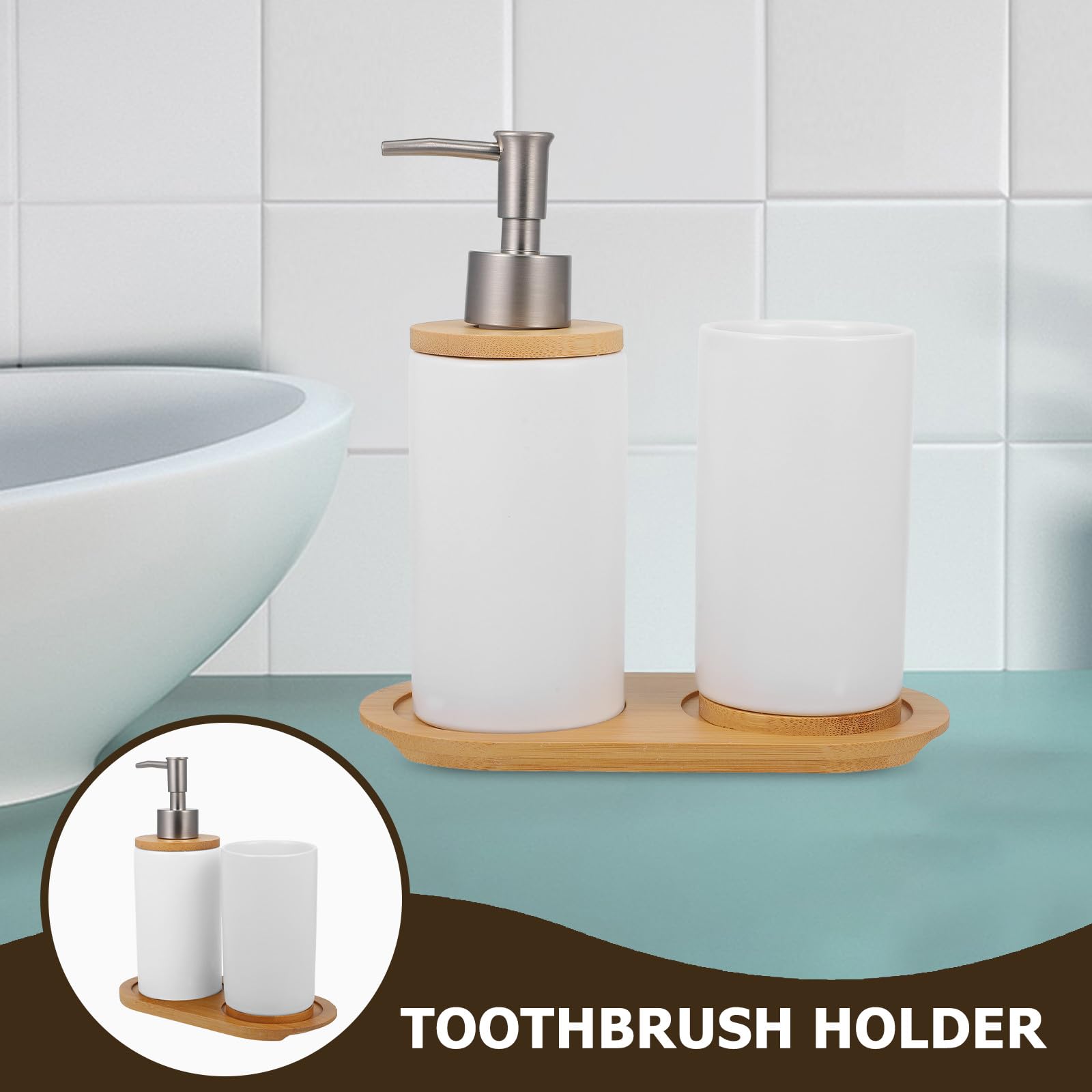 Yardwe Juego de Accesorios para Baño Cerámico Blanco 3 Piezas (Vaso 350ml, Dispensador 430ml, Base) Set para Cepillo de Dientes y Dispensador de Jabón Recargable para Baño Hogar