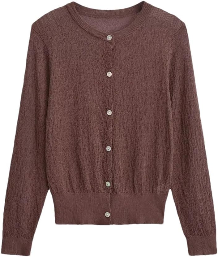 Women Lazy Style Round Neck Long Sleeve Sweater Single Breasted Knitted Cardigan Top Thin and Soft Coat