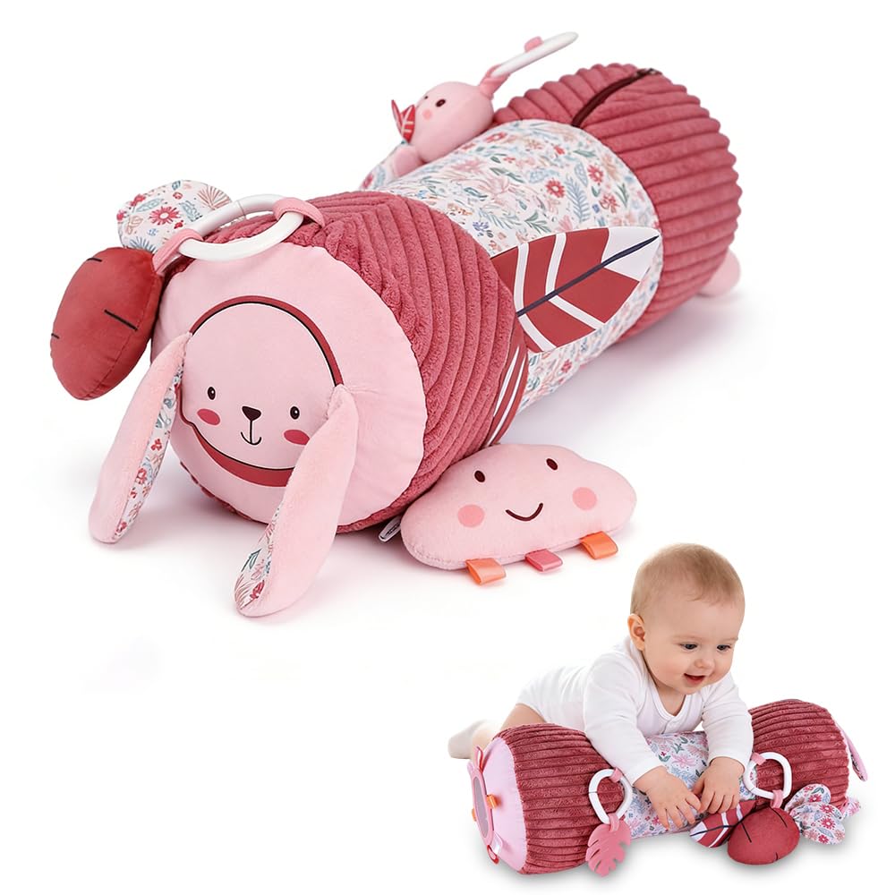 NAVESO Tummy Time Pillow for Babies Inflatable, Tummy Time Roll Pillow with Integrated Rattle & Squeaker, Infant Tummy Time Pillow, Sensory Pillow with Detachable Sensory Toys, Pink